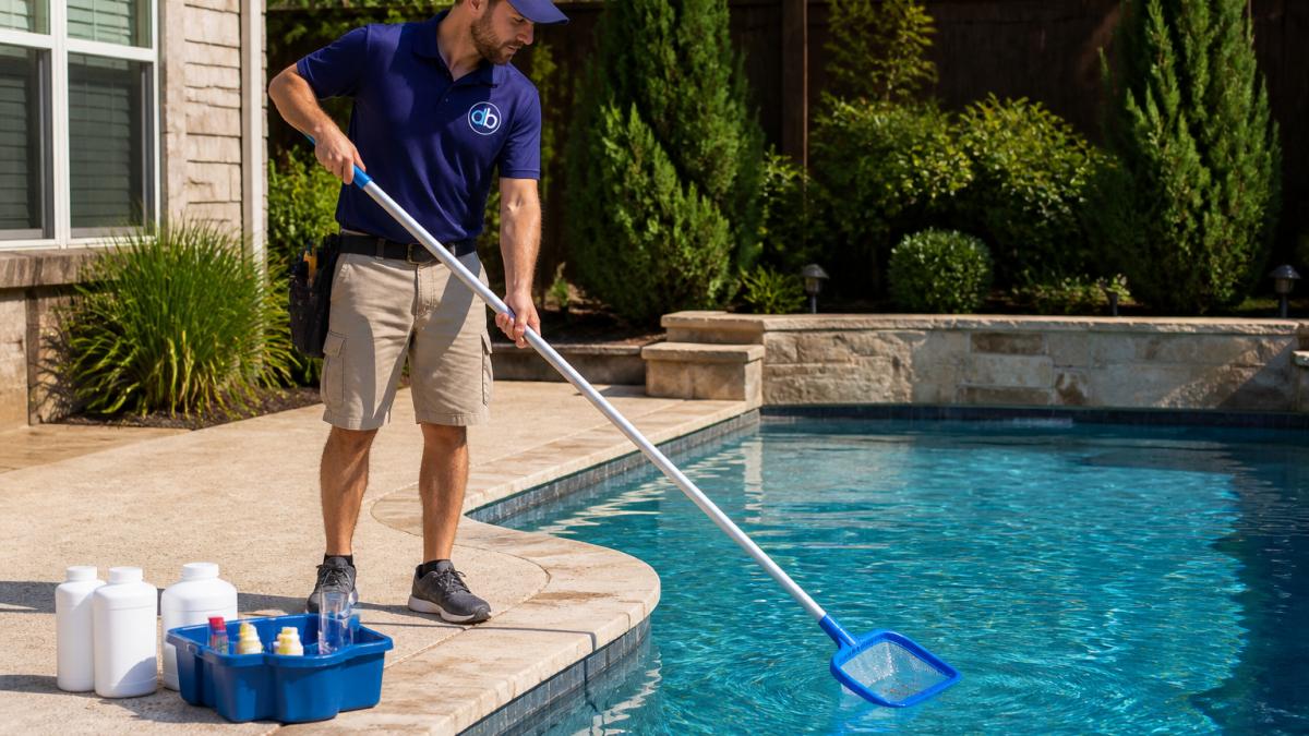 A uniformed pool technician skimming a residential pool with a long-handled net while a water testing kit and chemical bottles sit on the deck nearby, bright North Texas afternoon light