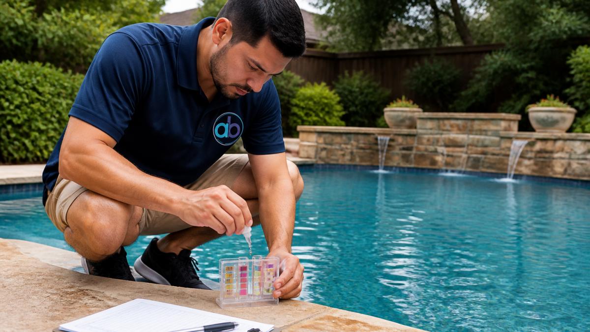 A pool technician in a company polo shirt crouching at the edge of a backyard pool, testing water with a handheld kit while a clipboard rests on the coping beside him