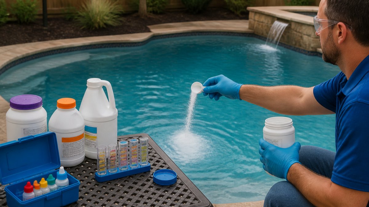 A homeowner wearing protective gloves and safety glasses adding a measured dose of pool chemical to a backyard pool, with a test kit and labeled chemical containers sitting on a nearby table