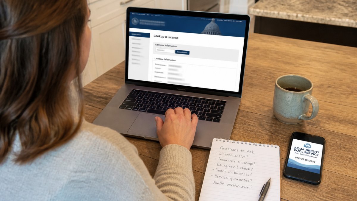 A homeowner sitting at a kitchen table with a laptop open to a state licensing website, a notepad with handwritten questions, and a smartphone nearby showing a contractor's business card