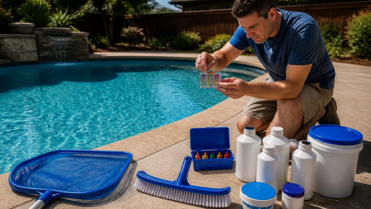 Homeowner testing pool water with a kit during a professional pool cleaning service routine