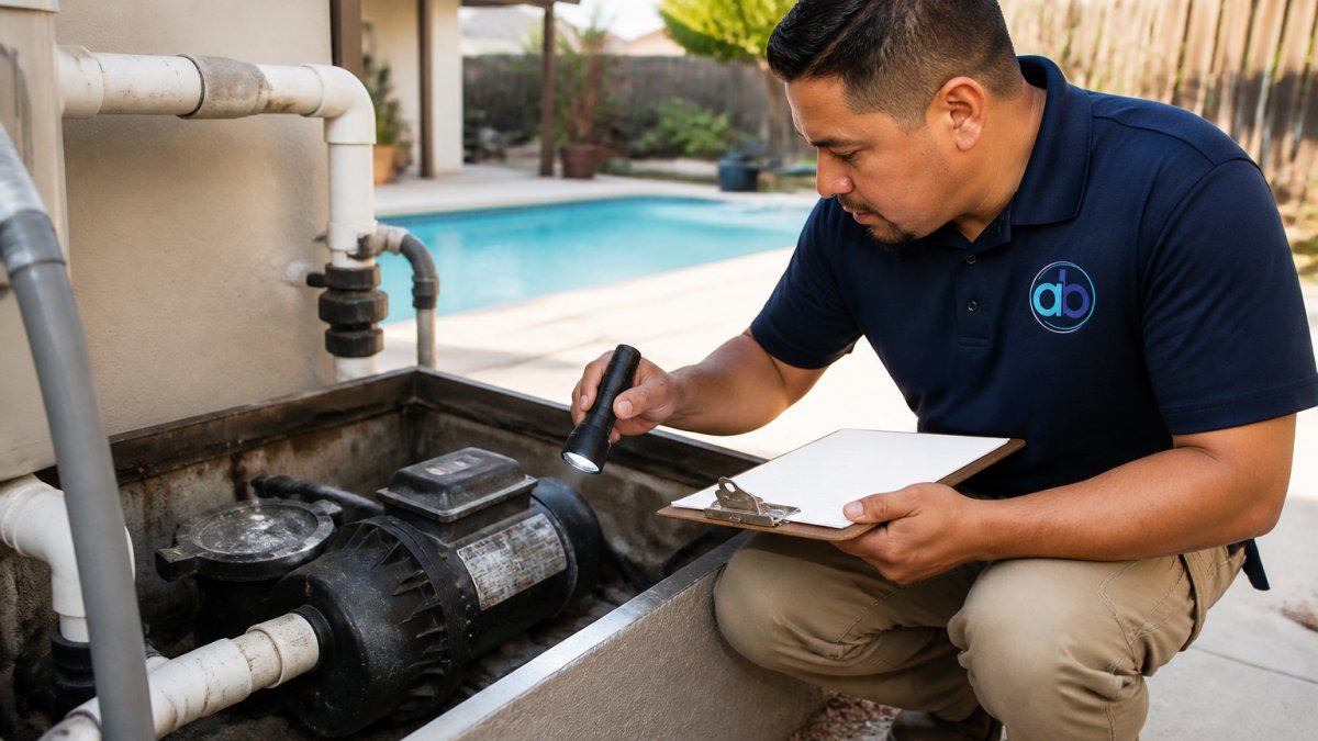 A pool service technician in uniform kneeling beside an open pool equipment pad, inspecting a pump motor with a flashlight and clipboard, daylight, suburban backyard pool in the background