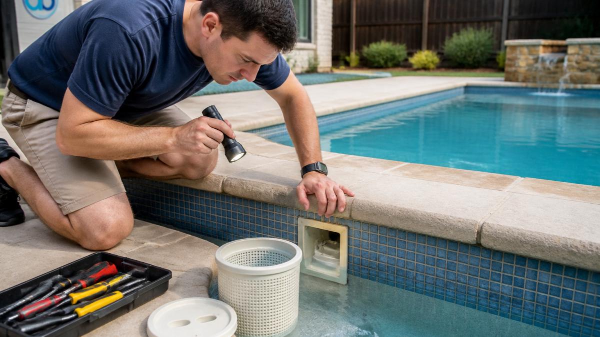 A homeowner in casual clothes kneeling beside a residential pool, inspecting the water line and skimmer basket with a flashlight, tools resting on the deck