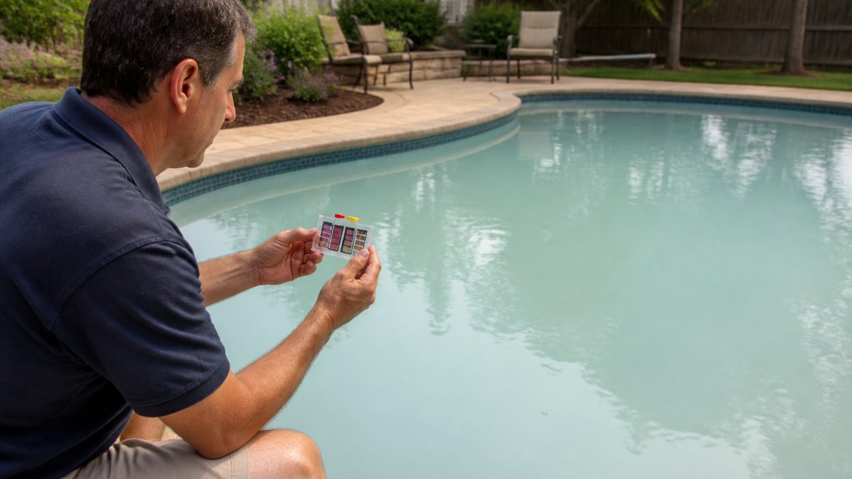 Homeowner standing at the edge of a backyard swimming pool with visibly cloudy, milky water, holding a pool test kit, sunny suburban backyard setting